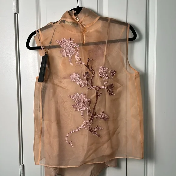 RICH RADI Q'S NEW YORK Silk Peach Embroidered Tie-Neck Blouse Size Medium - Picture 5 of 8